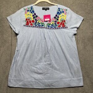 Liza Byrd Blue White Striped Floral Embroidered Boho Peasant Top Women's Medium